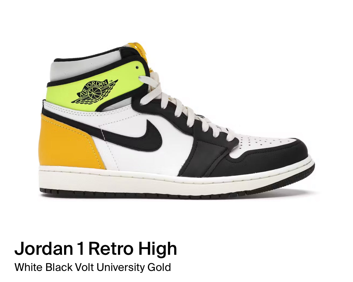Jordan 1 Retro High White Black Volt University Gold (Size 8.5)