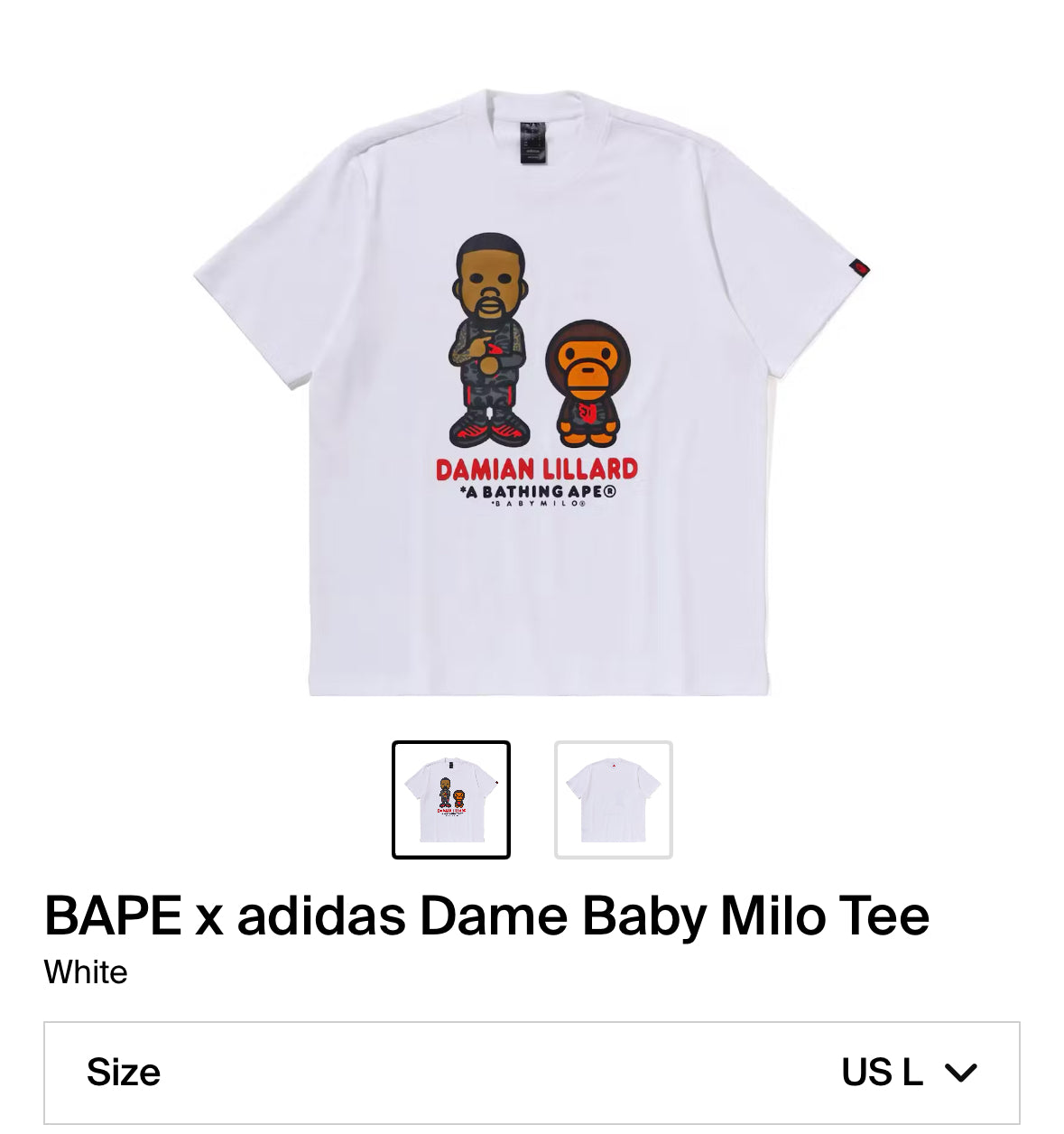 BAPE x adidas Dame Baby Milo Tee White - LARGE